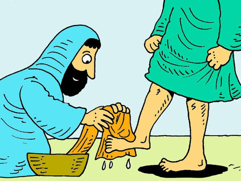 Jesús se arrodilló y comenzó a lavarles los pies sucios y a secarlos en una toalla. – Número de diapositiva 4