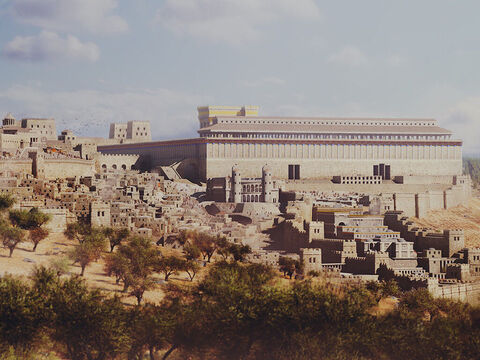 La ciudad baja de Jerusalén está en primer plano con el muro sur del Templo al fondo. – Número de diapositiva 2