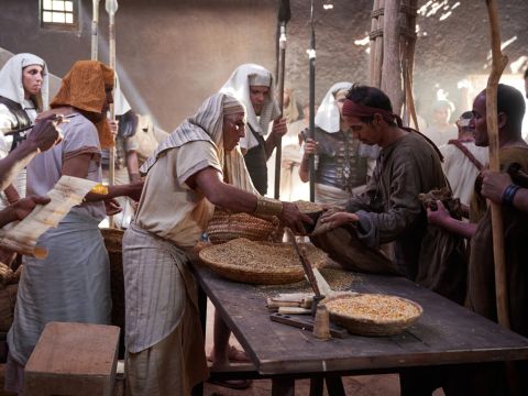 Cuando la hambruna se extendió por todo Egipto, José abrió todos los graneros y vendió grano a los egipcios. Y gente de otros países venía a comprarle grano a José, porque la hambruna era severa en todas partes. – Número de diapositiva 2