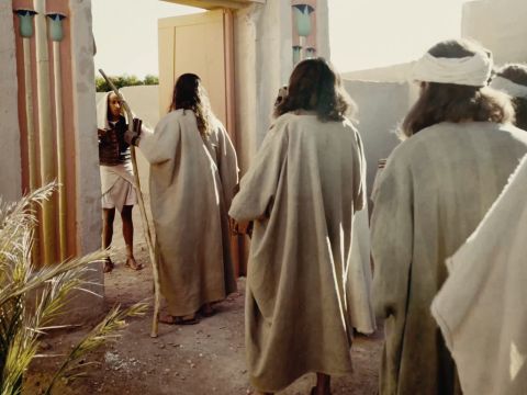 Los hermanos sintieron miedo cuando los llevaron a casa de José. Dijeron: “Nos traen aquí por el dinero que encontramos en nuestros costales. Quiere capturarnos, esclavizarnos y quitarnos nuestros burros”. – Número de diapositiva 9