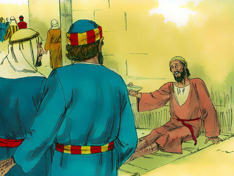 Cuando el hombre paralítico vio a Pedro y a Juan entrando en el  templo, les pidió dinero. – Número de diapositiva 2