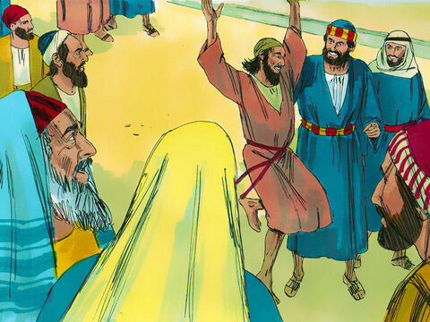 El hombre empezó a caminar y siguió a Pedro y a Juan hacia las plazas del Templo. Entonces, empezó a caminar y a saltar alabando a Dios. – Número de diapositiva 5
