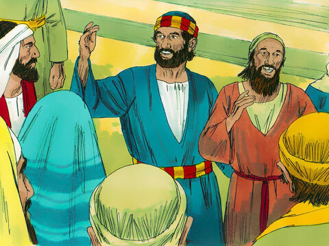 Las personas sorprendidas empezaron a reunirse en la arcada del Templo.<br/>–¿Por qué se sorprenden? –les preguntó Pedro–. No es por nuestro poder y santidad que este hombre puede caminar. – Número de diapositiva 6
