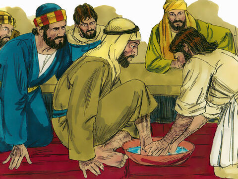 Cuando Jesús y los discípulos llegaron, no había un sirviente para lavarles los pies. Entonces, Jesús vertió agua en una vasija y comenzó a lavar los pies de los discípulos y secarlos con una toalla. – Número de diapositiva 5