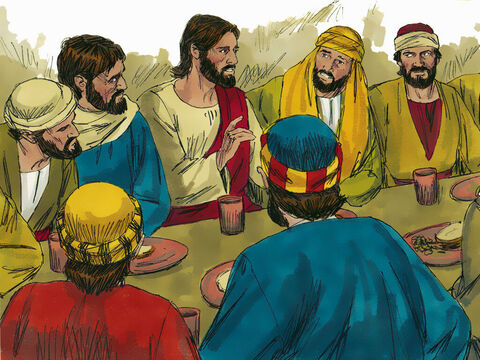 Al momento de celebrar la Pascua Judía, todos se sentaron. Jesús dijo:<br/>–Estaba deseoso de comer esta cena de Pascuas con ustedes antes de que mi sufrimiento comience. – Número de diapositiva 8