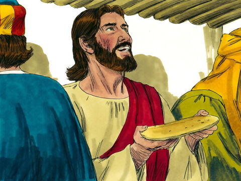 Mientras estaban comiendo, Jesús tomó un trozo de pan y, luego de dar gracias, lo partió y se lo dio a sus discípulos diciendo:<br/>–Este es mi cuerpo que les doy – Número de diapositiva 13