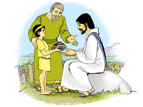 Una vez Jesús necesitaba alimentar a una gran multitud de personas pero nadie tenía comida. Un niño ofreció a Jesús su comida de cinco panes y dos pececitos. Jesús usó la comida del niño para alimentar a todos (Juan 6:1-13). – Número de diapositiva 3