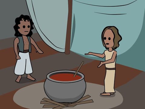 Génesis 25b.<br/>Esaú vende su primogenitura a Jacob a cambio de una sopa. – Número de diapositiva 3