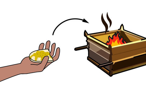 El sacerdote tomaba un trozo de la ofrenda que estaba cubierto en aceite y olíbano y lo colocaba en el altar para quemarlo con el fuego. – Número de diapositiva 10