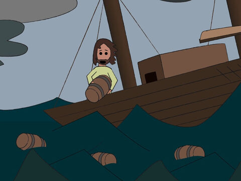 Los asustados marineros clamaron a sus dioses por ayuda y soltaron el cargamento por la borda para alivianar el barco. – Número de diapositiva 6