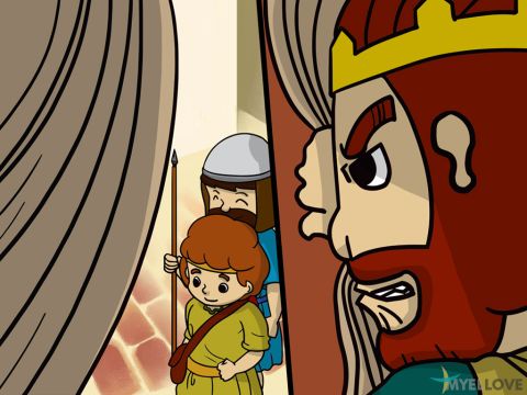 Cuando el rey Saúl escuchó esta canción, sintió celos.<br/>“David es más popular que yo. El pueblo pronto lo querrá como rey”.<br/>Estaba de mal humor y celoso. – Número de diapositiva 2