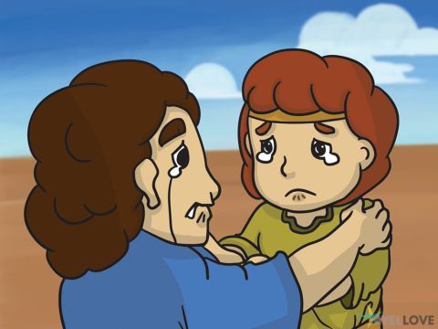 Por la mañana, Jonatán salió al campo para despedirse de David. Una vez que David supo que ya estaba a salvo, salió de su escondite para recibirlo. Jonatán le dijo: “Vete en paz, pues hemos jurado amistad el uno con el otro y con nuestros descendientes en el nombre del Señor”. Fue una despedida triste. David se fue, y Jonatán regresó al palacio. Su amistad perduró (y cuando David se convirtió en rey, cuidó de Mefiboset, el hijo discapacitado de Jonatán). – Número de diapositiva 6