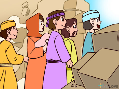 Josué habló con los dos hombres que habían espiado la tierra. “Entra en casa de Rahab y sácala a ella y a su familia. Haz esto por la promesa que le hiciste”.<br/>Entonces los dos hombres fueron y rescataron a Rahab y a su familia y los pusieron en un lugar seguro fuera del campamento de Israel. – Número de diapositiva 6