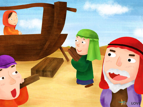 Noé y sus tres hijos obedecieron a Dios y construyeron un gran barco llamado Arca. Su construcción tomó mucho tiempo. Cuando estuvo terminada, Dios envió al Arca una hembra y un macho de cada tipo de animal, ave y reptil. – Número de diapositiva 2