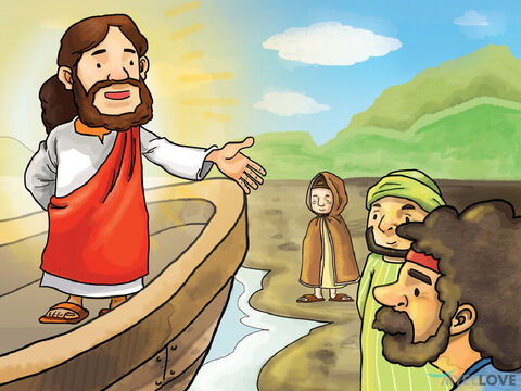 Jesús fue y se sentó junto al lago. Grandes multitudes se reunieron a su alrededor. Entonces Jesús subió a una barca, mientras la gente se quedaba en la orilla. Jesús usó historias para enseñarles muchas cosas. Él dijo: ‘Un agricultor salió a sembrar su semilla.’ – Número de diapositiva 1