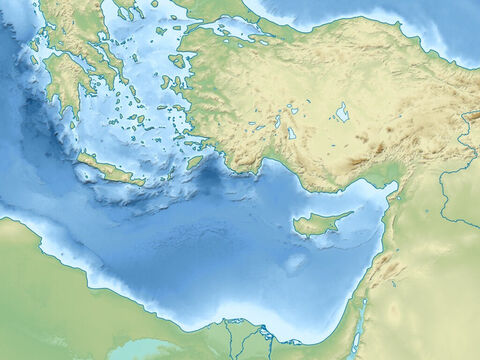 Mar Negro (arriba a la derecha), mar Egeo (arriba en el centro), mar Mediterráneo (en el centro), Asia menor (actual Turquía), montes Tauro, desierto de Siria (centro a la derecha), delta del Nilo (abajo en el centro). – Número de diapositiva 4