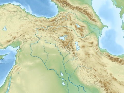 Mar Negro (arriba a la derecha), mar Caspio (arriba a la izquierda), mar Mediterráneo (a la izquierda), montes Zagbos, llanura de los ríos Éufrates y Tigris, y península arábiga. Región de los antiguos imperios asirio y babilónico. – Número de diapositiva 9