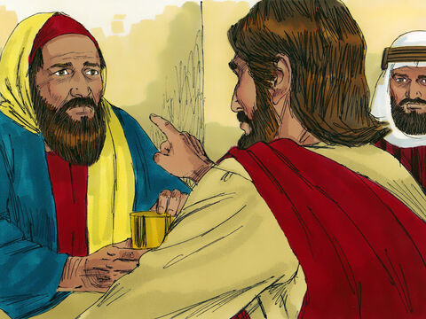 Jesús fue invitado a un banquete en su honor en Betania, cerca de Jerusalén. Marta sirvió la comida. Lázaro comió en la mesa con Jesús y sus discípulos. – Número de diapositiva 3