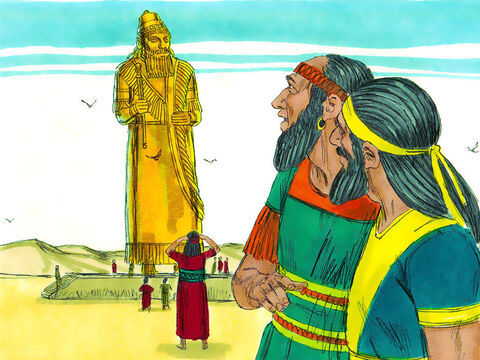 El Rey Nabucodonosor hizo una figura de oro de 27 metros (90 pies) de alto y 2,7 metros (9 pies) de ancho, y la colocó en la llanura de Dura en Babilonia. Todos los gobernantes y oficiales fueron convocados para asistir a la consagración de la figura. – Número de diapositiva 2
