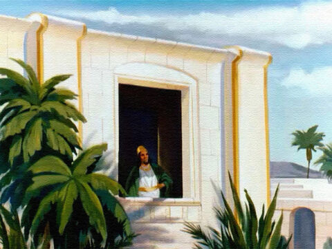Un día, el rey Acab, el gobernante de Israel, estaba visitando su palacio de verano en Jezreel. Mientras miraba su jardín, admiró todas las cosas hermosas que poseía. – Número de diapositiva 1