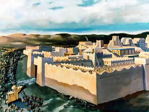 Porque fuera de los muros de Babilonia estaba el poderoso ejército de medos y persas dirigido por Ciro, rey de Persia. Pero Belsasar simplemente se rió de ellos, sin miedo. ¿No eran los muros de Babilonia de 300 pies (92 metros) de alto y 80 pies (25 metros) de espesor? Ciro nunca podría conquistar esta ciudad. – Número de diapositiva 10