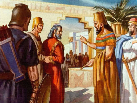 Con la puesta del sol, el rey se vio obligado a ordenar que arrestaran a Daniel y lo llevaran al lugar donde estaban los leones. – Número de diapositiva 26