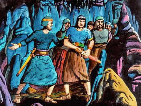 Los hombres de David miraron a su líder, que ya estaba desenvainando su espada. Era justo que el honor de matar a Saúl fuera suyo. – Número de diapositiva 36