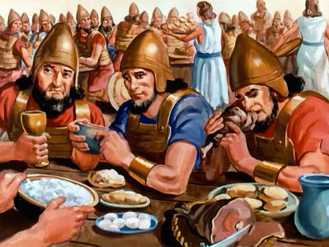 En cambio, le dijo al rey Joram que alimentara a los soldados enemigos, y se les preparó un gran banquete. Y cuando se refrescaron ... – Número de diapositiva 33