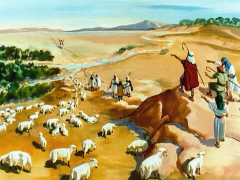 Un día estaban en las colinas cuidando las ovejas de su padre, y a lo lejos vieron a José. 'Aquí viene ese soñador. ¡Ahora es nuestra oportunidad de deshacernos de él para siempre! – Número de diapositiva 19