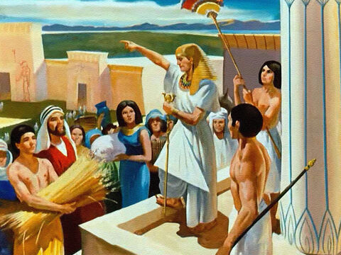 A lo largo de siete años de abundantes cosechas, José almacenó alimentos en grandes almacenes, porque el Señor le había dicho que se acercaba el hambre. – Número de diapositiva 33