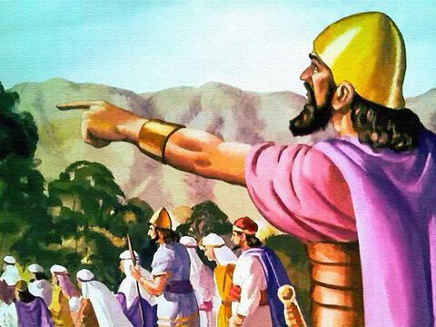 Pero Josué tenía la promesa de Dios ... 'Como estuve con Moisés, estaré contigo. Sé fuerte y muy valiente.' Entonces Josué, por orden de Dios, llevó a su pueblo a las llanuras de Jericó. – Número de diapositiva 4