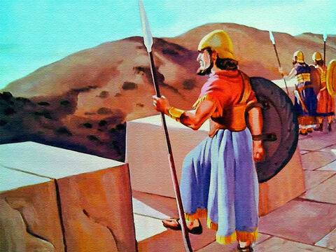 Cerca de la ciudad de Jericó, Josué miró los muros tan altos, gruesos y fuertes. Sabía que ningún poder humano podría derribarlos. Pero Josué recordó ... – Número de diapositiva 7