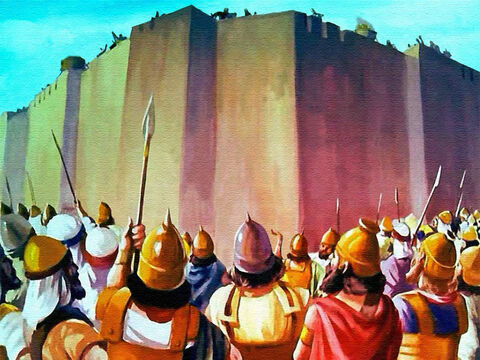 Al final de la séptima vuelta, todos se detuvieron y se pusieron frente a los muros, rodeando completamente la ciudad de Jericó. – Número de diapositiva 35