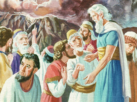 Los líderes se acercaron a Moisés y le dijeron: 'Si escuchamos a Dios hablar de nuevo, seguramente moriremos. Habla con nosotros y te escucharemos, pero no dejes que Dios hable con nosotros o moriremos ''. – Número de diapositiva 34