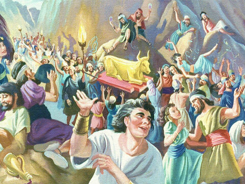 Mientras Moisés estaba en la montaña, la gente de abajo rápidamente se olvidó de lo que habían prometido. Pocos días después de haber escuchado la poderosa voz de Dios y haber visto Su gloria y poder, volvieron a sus caminos perversos y engañosos. – Número de diapositiva 40