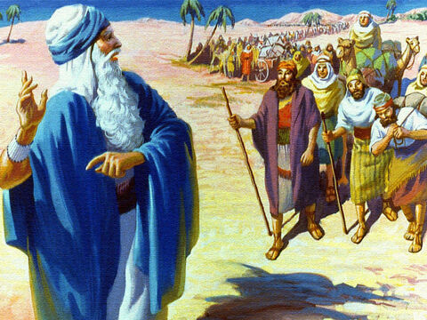 Pronto siguieron a Moisés hacia el desierto. Un viaje duro y caluroso estaba por delante, pero la gente estaba feliz. Se dirigían hacia una nueva vida y a la tierra de la abundancia. – Número de diapositiva 12