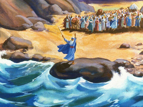 Mientras la gente miraba, Moisés, su líder, caminó hasta el borde del Mar Rojo. Entonces Moisés hizo algo que Dios le había dicho que hiciera. Levantó su vara y comenzó a soplar un viento fuerte. – Número de diapositiva 34