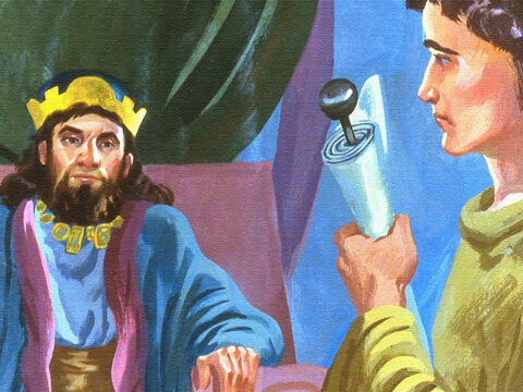 El rey todavía estaba reflexionando sobre el problema, cuando un sirviente se acercó al rey con un mensaje sobre Naamán del profeta Eliseo. – Número de diapositiva 31