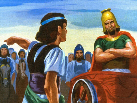 El criado salió a decirle a Naamán que si iba al río Jordán y se lavaba siete veces, quedaría completamente curado de su lepra. – Número de diapositiva 40