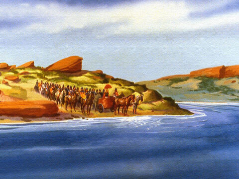 De modo que Naamán y sus hombres viajaron hasta el río Jordán. – Número de diapositiva 45