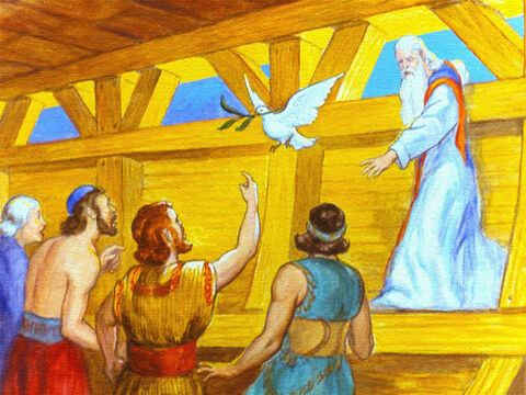 Esta vez regresó con una ramita de olivo. Las aguas estaban bajando y pronto Noé y su familia pudieron dejar el arca y vivir una vez más en la Tierra. – Número de diapositiva 43