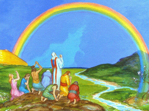 Dios puso un arco iris en las nubes como promesa de que nunca más destruiría la Tierra con un diluvio. La Biblia nos dice que la desobediencia todavía trae el juicio de Dios, pero a través de Jesús, Dios ha abierto un camino para que seamos perdonados y rescatados. – Número de diapositiva 47