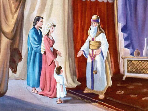 Allí, en el templo, hablaron con Elí, el sumo sacerdote. "Toma a Samuel y enséñale para que sirva al Señor", dijo Ana. – Número de diapositiva 10