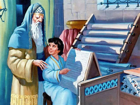 A medida que Samuel crecía, Elí le enseñó a leer los rollos que contenían las leyes y la historia del pueblo de Dios, los israelitas. – Número de diapositiva 15