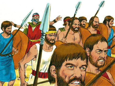 El próximo día, salieron a pelear. Moisés les dijo que él subiría a una colina y sostendría su bastón en alto. – Número de diapositiva 3