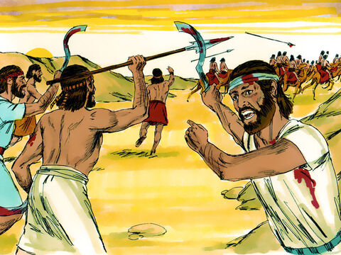 Josué y sus hombres pelearon todo el día, victoriósamente, mientras Moisés mantuvo sus brazos en alto. – Número de diapositiva 10