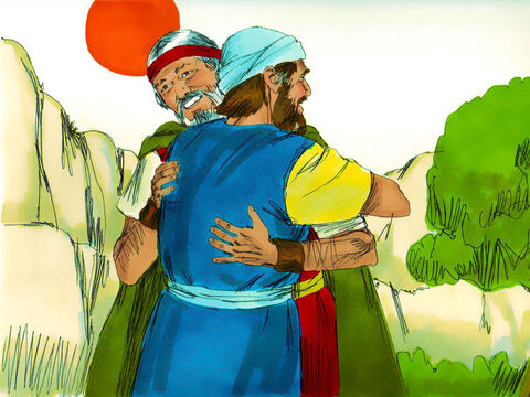 Los dos hermanos se encontraron en el Monte Horeb, la montaña de Dios, y se saludaron. – Número de diapositiva 23