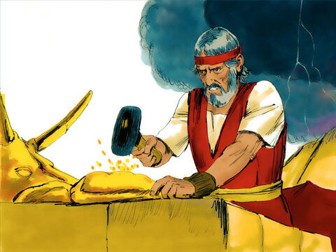 Moisés tomó el becerro que habían hecho las personas y lo quemó en el fuego. Luego lo molió hasta que se hizo polvo, lo esparció en el agua e hizo que los israelitas lo bebieran. – Número de diapositiva 15