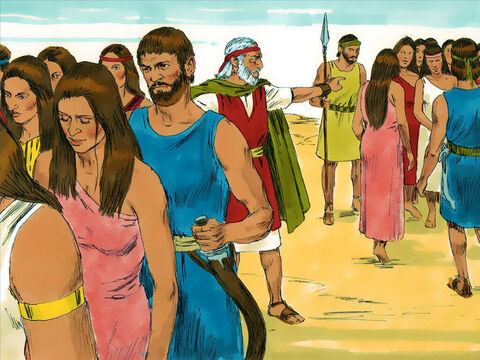 Moisés se paró a la entrada del campamento y dijo:<br/>–Quienes estén con el Señor, vengan conmigo. – Número de diapositiva 17