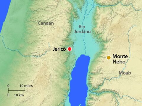 Moisés subió desde las llanuras de Moab hasta la cima del Pisga en el Monte Nebo, al otro lado de Jericó. Dios le señaló a Moisés los lugares de la Tierra Prometida, incluido el valle Jordán y Jericó. – Número de diapositiva 14